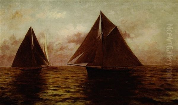 Sailboats At Dusk Oil Painting by August Norieri