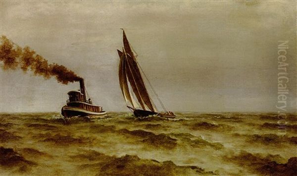 Tugboat And Sailboat On Lake Pontchartrain Oil Painting by August Norieri