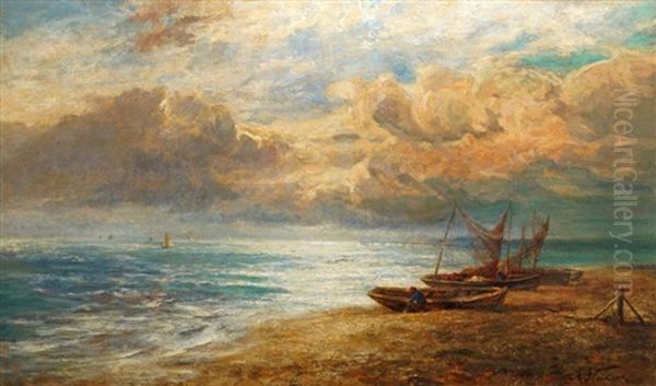 Coastal Scene With Beached Fishing Vessels Oil Painting by Adelsteen Normann