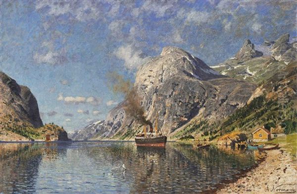 Fjordlandschaft Mit Dampfschiff Oil Painting by Adelsteen Normann