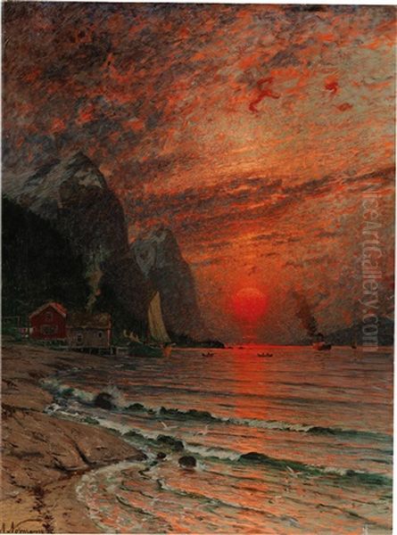 Sunset Over The Fjord Oil Painting by Adelsteen Normann