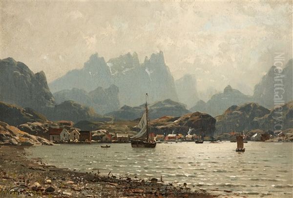 View Of A Village In The Fjords Oil Painting by Adelsteen Normann