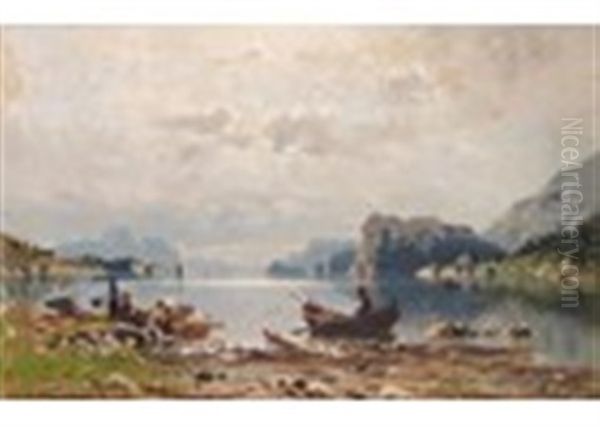 Figure In A Rowing Boat On The Shore Of A Fjord Oil Painting by Adelsteen Normann