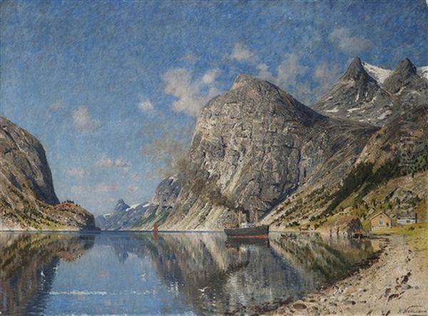 Fjordlandskap Med Dampbat Oil Painting by Adelsteen Normann