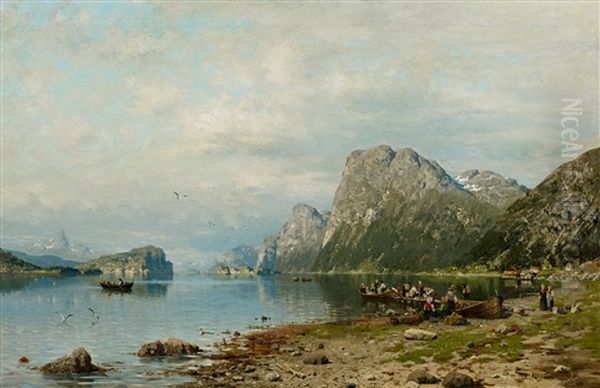 Warten Auf Das Fahrboot Im Norwegischen Sognefjord Oil Painting by Adelsteen Normann