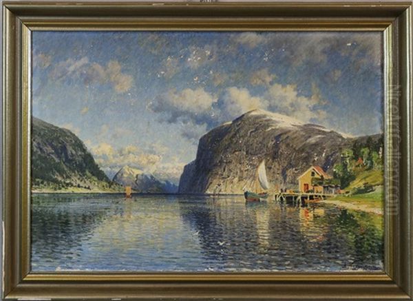 Fjordlandschaft Mit Booten Und Kleiner Hutte Am Ufer Oil Painting by Adelsteen Normann