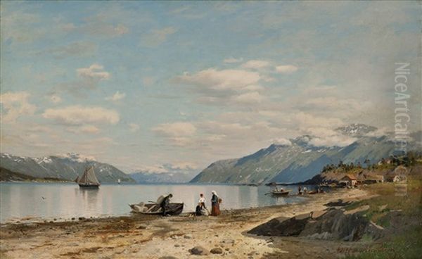 Fjordlandskap Med Folkeliv Oil Painting by Adelsteen Normann