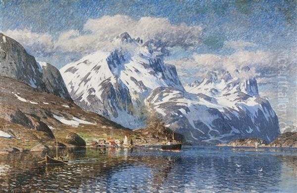 Fishing Village In Lofoten With People And Steamboat Oil Painting by Adelsteen Normann