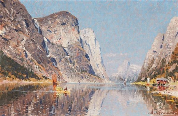 Fjordlandschaft Mit Dampfschiff, Segel- Und Ruderboot Oil Painting by Adelsteen Normann