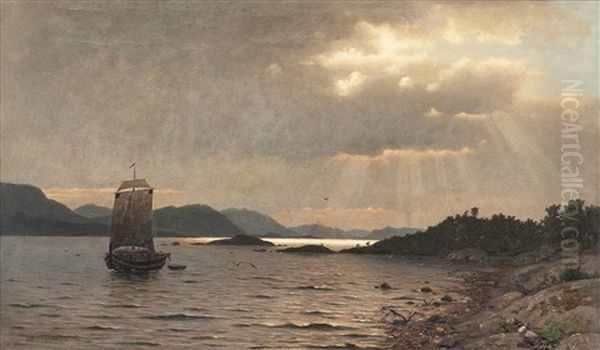 Fjordlandskap Med Folkeliv Oil Painting by Adelsteen Normann