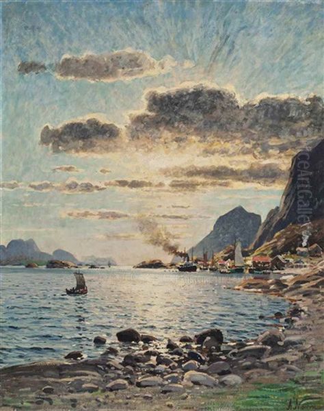 A Steam Boat On Norwegian Fjord Oil Painting by Adelsteen Normann