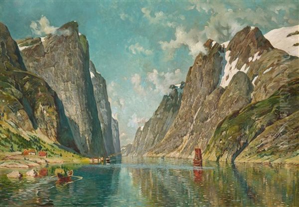 Norwegische Fjordlandschaft Mit Booten Oil Painting by Adelsteen Normann