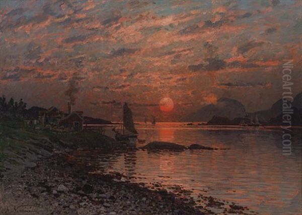 Solnedgang Ved Fjorden Oil Painting by Adelsteen Normann