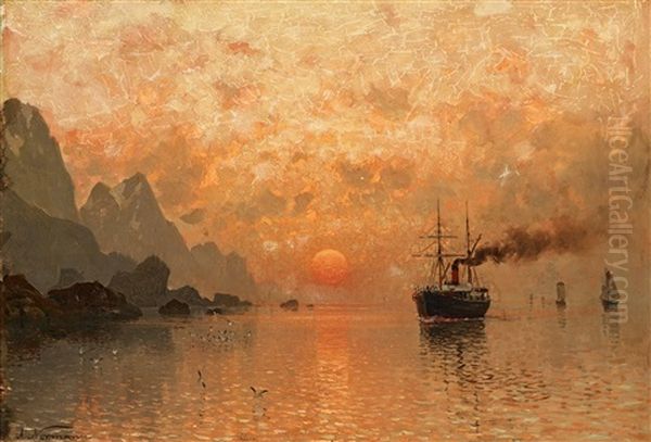 Ships In The Sunset Oil Painting by Adelsteen Normann