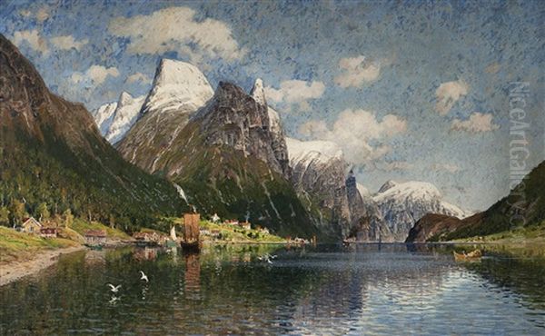 Fjordlandskap Med Tettsted Oil Painting by Adelsteen Normann