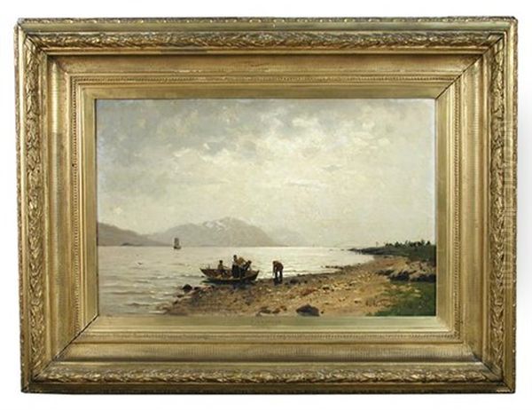 Norwegian Lake Scene With Fishing Boat Oil Painting by Adelsteen Normann