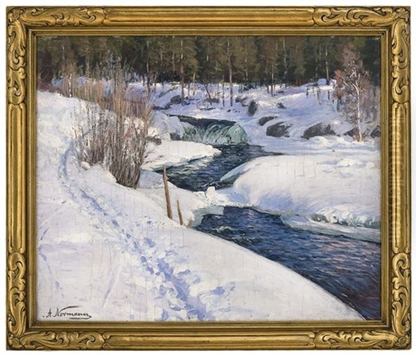 Winter Landscape With Open River Oil Painting by Adelsteen Normann