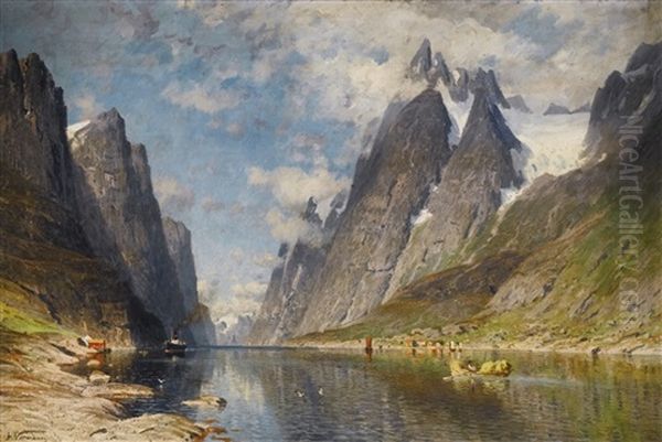 A Norwegian Fjord (possibly The Sognefjord) Oil Painting by Adelsteen Normann