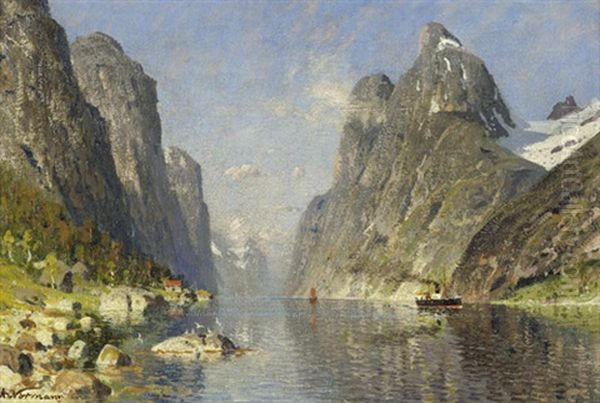 Fjordlandschaft Mit Kleinem Dampfer Oil Painting by Adelsteen Normann