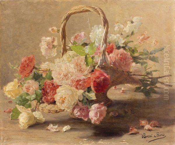 Panier De Roses Rouges Et Blanches Oil Painting by Henri Biva