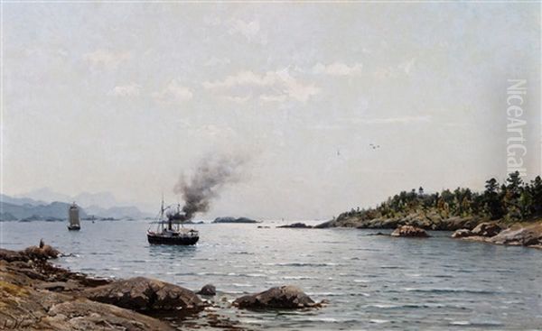 Dampbat Og Seilskuter I Kystlandskap Oil Painting by Adelsteen Normann