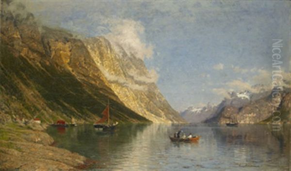 Nya Passagerare - Norskt Fjordlandskap Med Batar Och Figurer Oil Painting by Adelsteen Normann