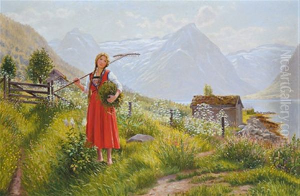 Sommertag An Einem Norwegischen Fjord (sognefjord Mit Tochter Emma?) Oil Painting by Adelsteen Normann