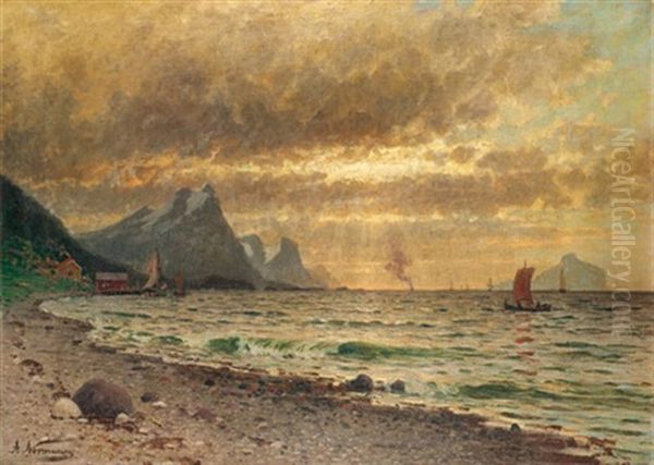 Abendstimmung An Einem Norwegischen Fjord Oil Painting by Adelsteen Normann