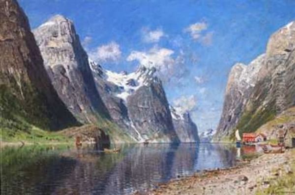 Fjordlandskap Med Hus Og Bater Oil Painting by Adelsteen Normann