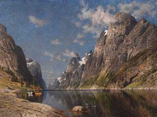 Fjordparti Med Dampbat Oil Painting by Adelsteen Normann