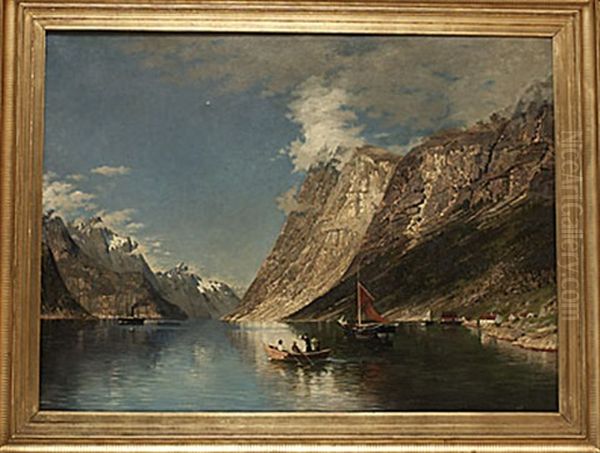 Fjordlandskap Med Sallaskap I Bat Oil Painting by Adelsteen Normann