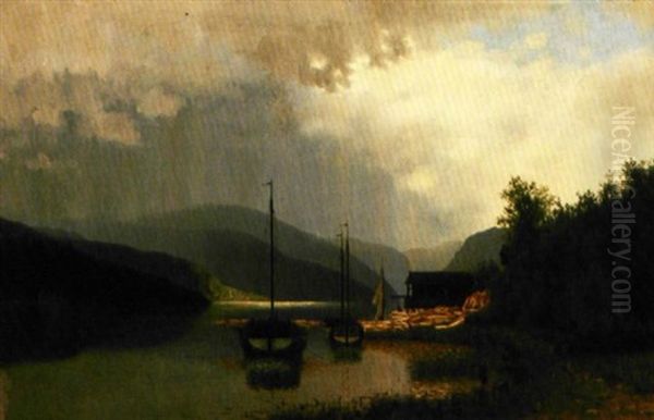 Fraktskuter Ved Sagbruk Oil Painting by Adelsteen Normann