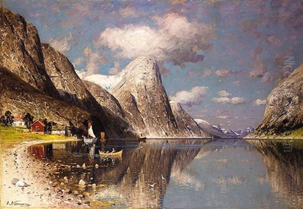 Fjordlandskap (a Fjord In Summer) Oil Painting by Adelsteen Normann