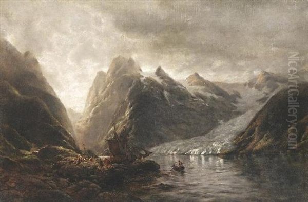 Sonnenwendfest Auf Den Lofoten. Zahlreiche Personen Bei Einem Segelschiff Vor Einer Gletscherzunge Oil Painting by Adelsteen Normann