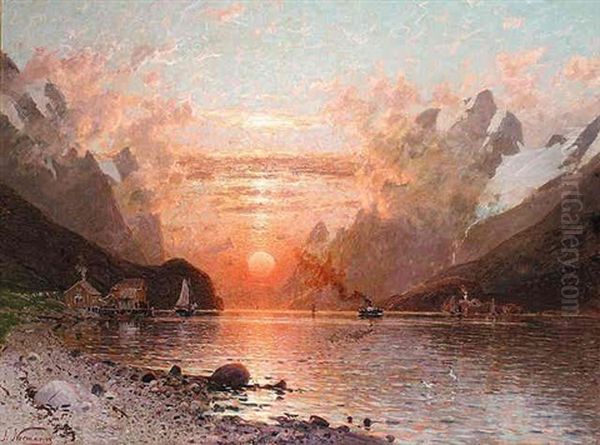 Fjord Ved Solnedgang (fjord At Sunset) Oil Painting by Adelsteen Normann