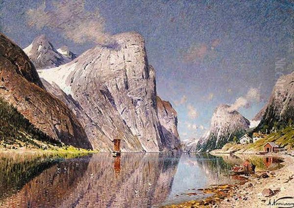 Fiske Pa Fjorden (fishing On The Fjord) Oil Painting by Adelsteen Normann