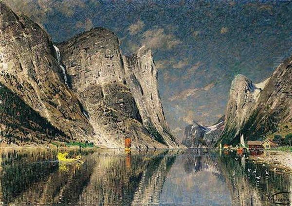 Bater Pa Fjorden (boats On A Fjord) Oil Painting by Adelsteen Normann