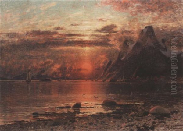 Fiskevaer I Midnattssol Oil Painting by Adelsteen Normann