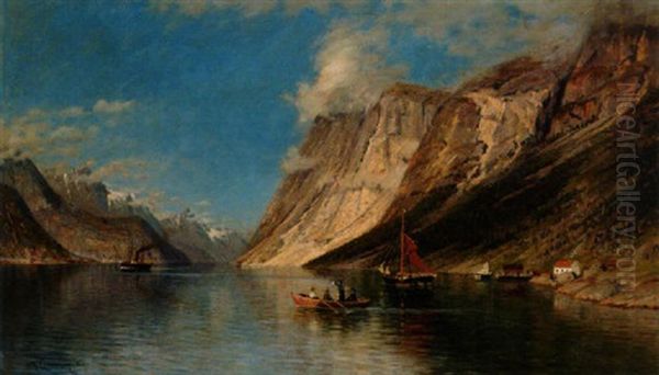 Fjordlandskap Med Angbat Och Sallskap I Roddbat Oil Painting by Adelsteen Normann