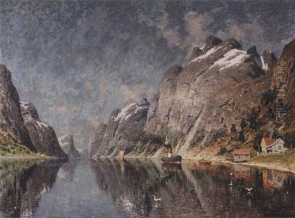 Norskt Fiordlandskap Med Angare Oil Painting by Adelsteen Normann