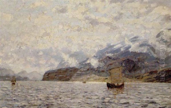 Norwegischer Fjord Mit Segelschiffen Oil Painting by Adelsteen Normann