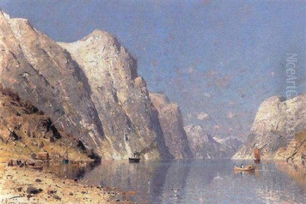 Norsk Fjordparti Med Dampskib Og Robad Oil Painting by Adelsteen Normann