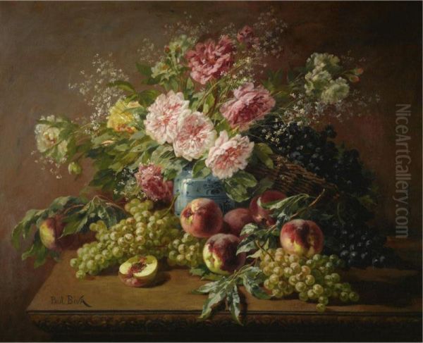 Still Life With Flowers, Peaches And Grapes Oil Painting by Paul Biva