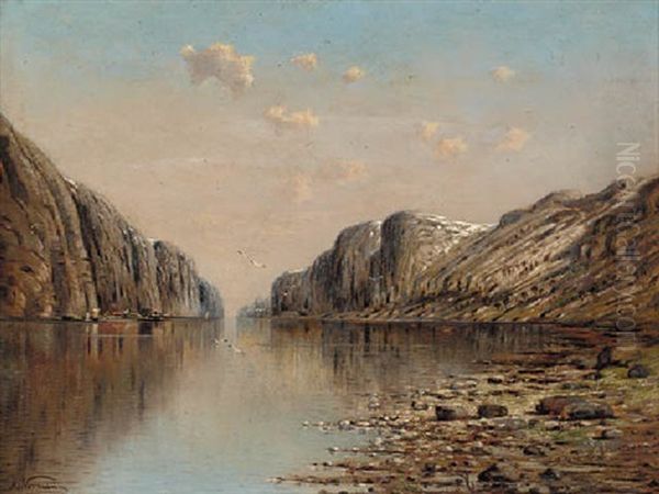 A Winter Fjord Scene Oil Painting by Adelsteen Normann