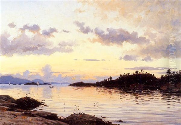 Norwegian Estuary At Sunset Oil Painting by Adelsteen Normann