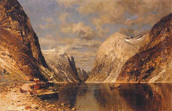 Fishing Village On A Norwegian Fjord Oil Painting by Adelsteen Normann