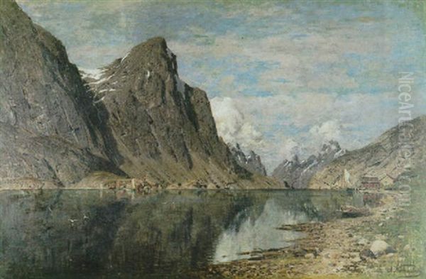 Norwegische Fjordlandschaft Mit Fischerhutten Oil Painting by Adelsteen Normann