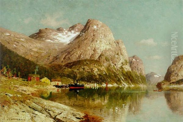 Shipping On A Norwegian Fjord Oil Painting by Adelsteen Normann