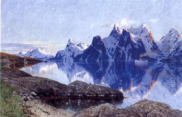 Fjordparti Med Skib, I Baggrunden Sneklaedte Bjerge Oil Painting by Adelsteen Normann