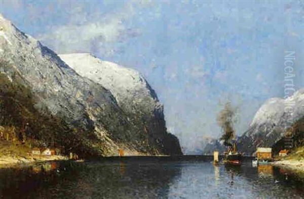 A Fjord Scene With A Steam Boat Oil Painting by Adelsteen Normann